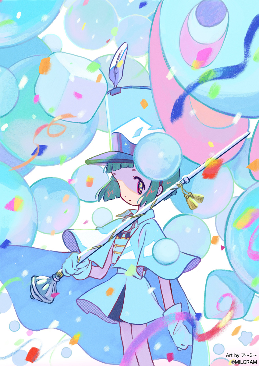 1girl, @_@, absurdres, aiguillette, bubble, cape, comcomblue, commentary_request