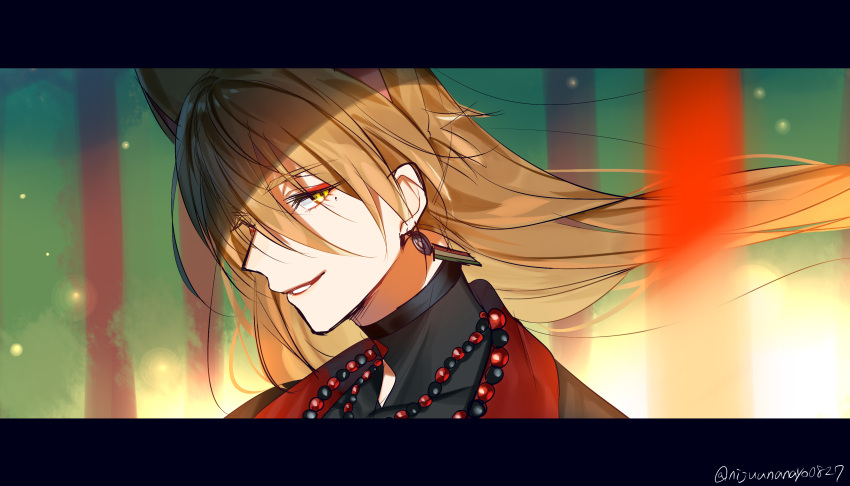 1boy, absurdres, animal_ears, bead_necklace, beads, black_kimono, black_shirt, blurry