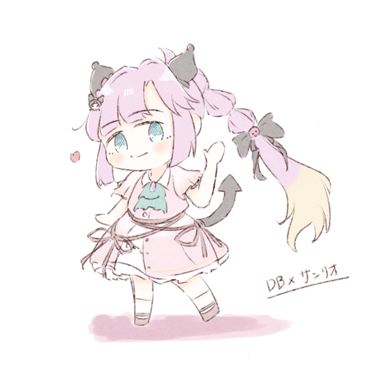 1girl, ahoge, amano_tatsu, animal_ears, anyoji_hime, black_bow, blonde_hair, blue_eyes, blunt_bangs, blush, bow, cat_ears, character_hair_ornament, closed_mouth, deformed, dream_believers, dress, frilled_sleeves, frills, full_body, gradient_hair, hair_bow, hair_intakes, hair_ornament, heart, highres, kuromi, link!_like!_love_live!, long_hair, love_live!, medium_dress, multi-tied_hair, multicolored_hair, official_alternate_costume, pink_dress, pink_hair, ponytail, sanrio, shadow, short_sleeves, sidelocks, simple_background, smile, solo, split_mouth, swept_bangs, tail, very_long_hair, virtual_youtuber, white_background