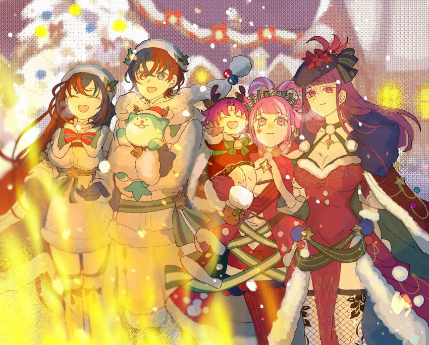 1boy, 4girls, alear_(female)_(fire_emblem), alear_(female)_(gifted_dragons)_(fire_emblem), alear_(fire_emblem), alear_(male)_(fire_emblem), alear_(male)_(gifted_dragons)_(fire_emblem), antlers, blue_eyes, blue_gloves, blue_hair, blunt_bangs, christmas, crossed_bangs, deer_antlers, dress, facial_mark, fake_antlers, fire_emblem, fire_emblem_engage, fire_emblem_heroes, fur-trimmed_headwear, fur_trim, fur_wrist_cuffs, gloves, hair_between_eyes, hair_flaps, hair_rings, heart, heart_facial_mark, heterochromia, holding, horns, hortensia_(fire_emblem), hortensia_(winter's_dearest)_(fire_emblem), ivy_(fire_emblem), long_hair, looking_at_viewer, mistletoe, multicolored_hair, multiple_girls, official_alternate_costume, pantyhose, purple_hair, red_eyes, red_gloves, redhead, santa_capelet, santa_dress, sasaki_(dkenpisss), smile, sommie_(fire_emblem), split-color_hair, striped_clothes, striped_pantyhose, two-tone_cape, two-tone_hair, vertical-striped_clothes, very_long_hair, violet_eyes, white_trim, wrist_cuffs