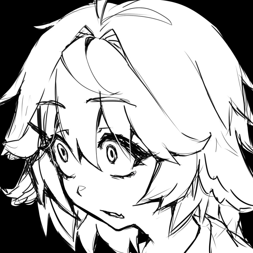 ahoge, black_background, cillia, dokibird_(vtuber), fang, greyscale, highres, meme