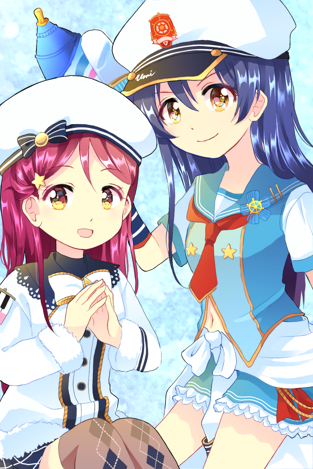 2girls, blue_hair, breasts, hair_ornament, hat, highres, holding, holding_water_gun, long_hair, long_sleeves, looking_at_viewer, love_live!, love_live!_school_idol_project, love_live!_sunshine!!, multiple_girls, navel, redhead, sakurauchi_riko, sgchn, short_sleeves, small_breasts, sonoda_umi, star_(symbol), star_hair_ornament, thigh-highs, upper_body, water_gun, yellow_eyes