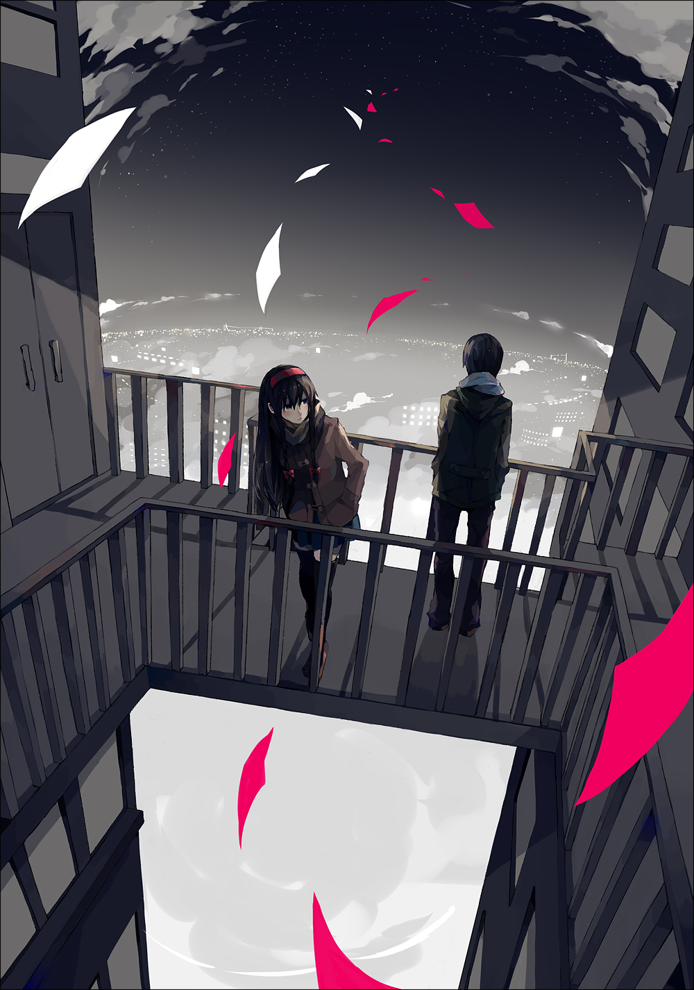 1girl, back, black_hair, bow, bridge, city, cityscape, cloud