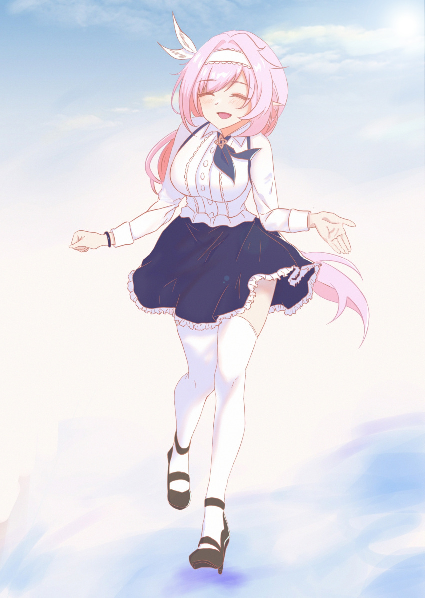 1girl, black_footwear, blue_skirt, breasts, chinese_commentary, commentary_request, elysia_(honkai_impact), hairband