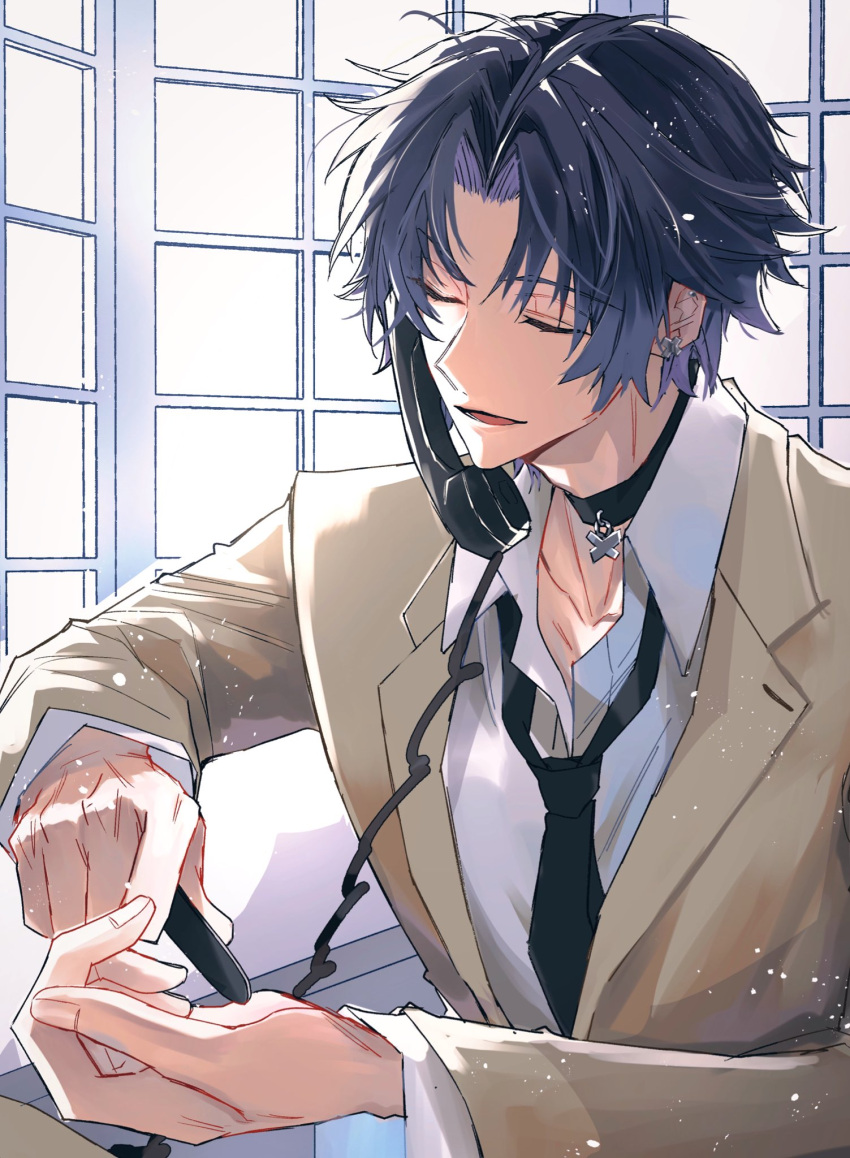 1boy, asaba_harumasa, black_choker, black_hair, black_necktie, bloom, brown_jacket, choker