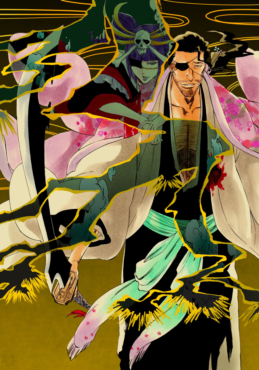 1boy, 1girl, absurdres, bankai, beard, black_hair, black_kimono, bleach