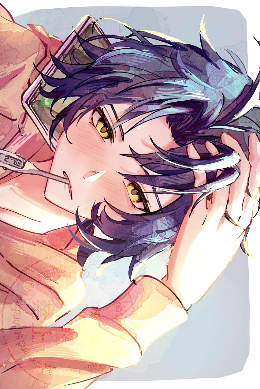 1boy, alternate_costume, asaba_harumasa, black_hair, blush, digital_thermometer, fever, fingernails