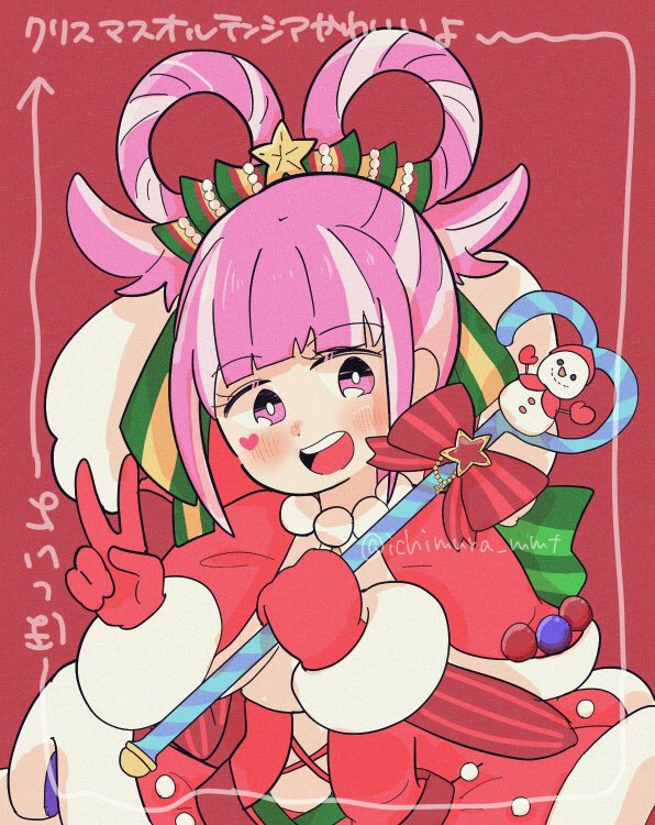 1girl, blunt_bangs, christmas, dress, facial_mark, fire_emblem, fire_emblem_engage, fire_emblem_heroes, fur_trim, fur_wrist_cuffs, gloves, hair_flaps, hair_rings, heart, heart_facial_mark, holding, holding_staff, hortensia_(fire_emblem), hortensia_(winter's_dearest)_(fire_emblem), ichimura_mmt, looking_at_viewer, mistletoe, multicolored_hair, red_gloves, santa_capelet, santa_dress, snowman, staff, two-tone_hair, white_trim, wrist_cuffs