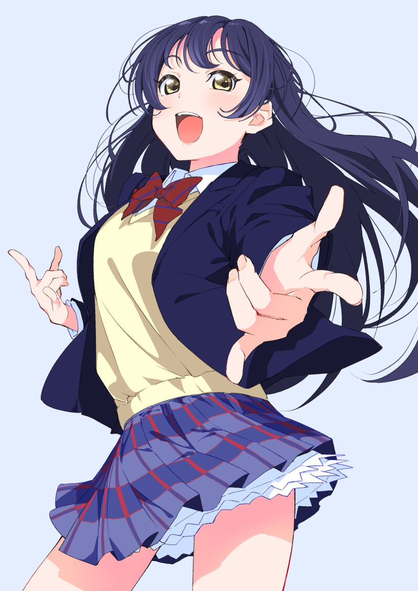 1girl, :d, \m/, blazer, blue_hair, blue_jacket, blue_skirt, blush, bow, bowtie, collared_shirt, commentary, commission, dark_blue_hair, diagonal-striped_bow, diagonal-striped_bowtie, diagonal-striped_clothes, double_\m/, dress_shirt, grey_background, highres, jacket, long_hair, long_sleeves, looking_at_viewer, love_live!, love_live!_school_idol_project, miniskirt, ninagawa_jin, open_clothes, open_jacket, open_mouth, otonokizaka_school_uniform, petticoat, plaid_clothes, plaid_skirt, pleated_skirt, red_bow, red_bowtie, school_uniform, shirt, simple_background, skeb_commission, skirt, slip_showing, smile, solo, sonoda_umi, striped_clothes, sweater_vest, swept_bangs, teeth, upper_teeth_only, white_shirt, winter_uniform, yellow_eyes, yellow_sweater_vest