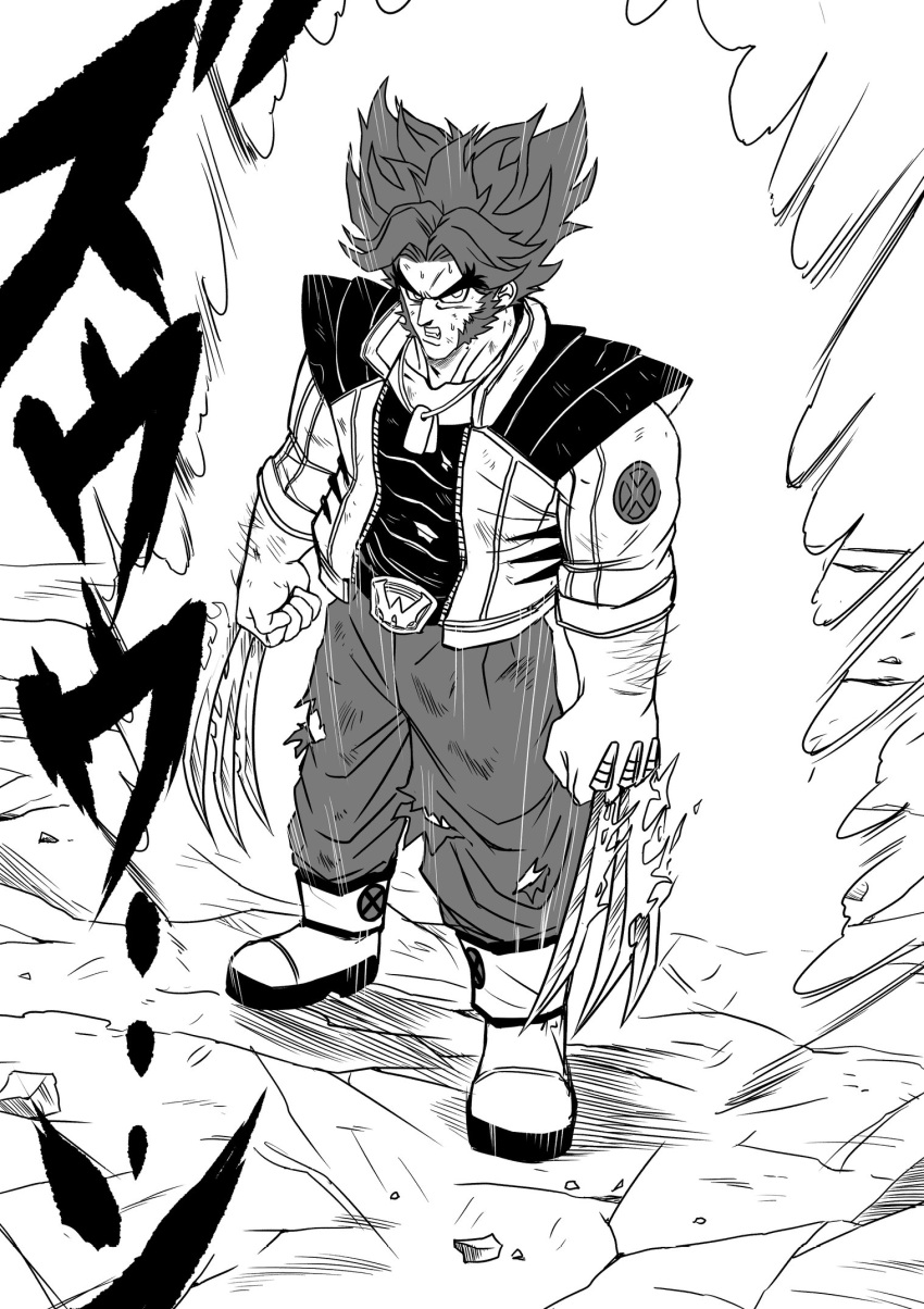 1boy, arm_hair, aura, autonomousinque, belt, claw_(weapon), clenched_hands, clenched_teeth, dog_tags, dragon_ball, dragon_ball_z, english_commentary, full_body, highres, jacket, long_sideburns, male_focus, marvel, marvel_rivals, medium_hair, monochrome, muscular, muscular_male, pants, parody, pectorals, shoes, sideburns, solo, spiky_hair, style_parody, super_saiyan, sweatdrop, teeth, toriyama_akira_(style), torn_clothes, torn_pants, v-shaped_eyebrows, weapon, wolverine_(x-men), x-men