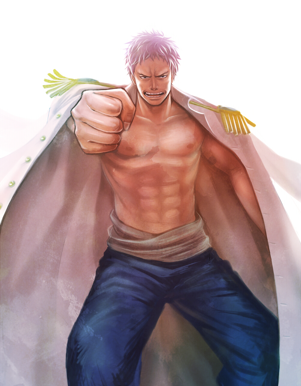 1boy, abs, bad_id, bad_pixiv_id, black_eyes, clenched_hand, coat, coat_on_shoulders