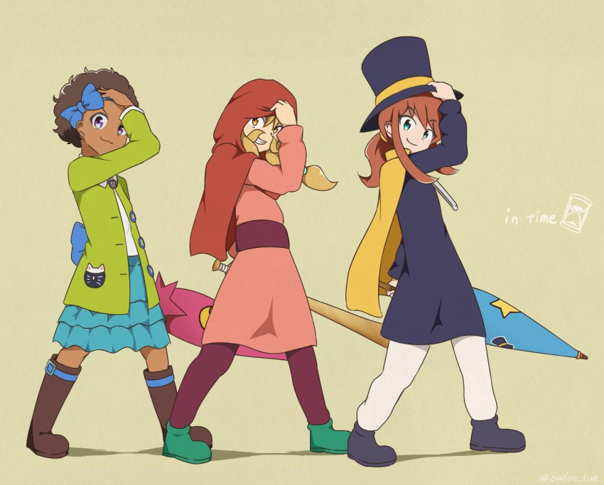 3girls, :3, a_hat_in_time, animal_print, back_bow, baseball_bat, belt, belt_boots