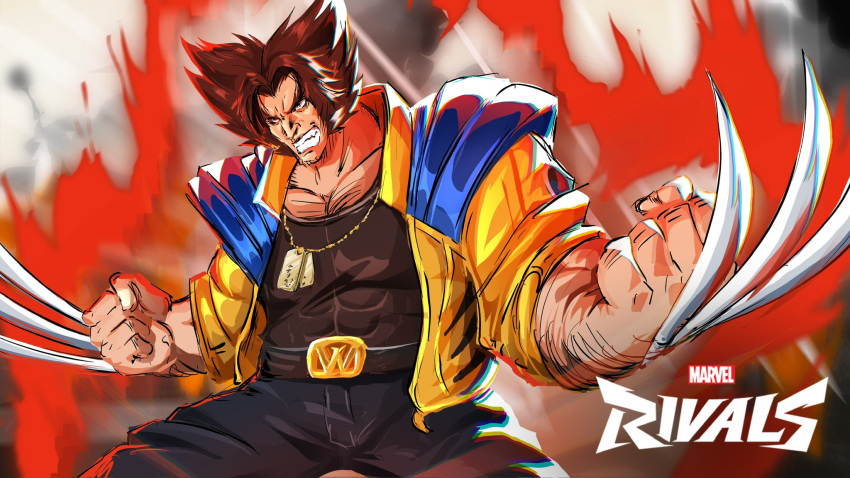 1boy, arm_hair, aura, belt, black_hair, black_pants, blue_jacket, claw_(weapon), clenched_hands, clenched_teeth, copyright_name, dog_tags, english_commentary, fleurashdesign, highres, jacket, long_sideburns, long_sleeves, male_focus, marvel, marvel_rivals, medium_hair, multicolored_clothes, multicolored_jacket, muscular, muscular_male, pants, pectorals, sideburns, solo, spiky_hair, teeth, two-tone_jacket, v-shaped_eyebrows, weapon, wolverine_(x-men), x-men, yellow_jacket