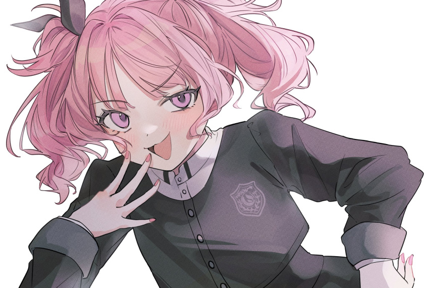 1girl, aoi_nadeshiko, black_ribbon, gakuen_idolmaster, gokugetsu_academy_uniform, hair_ribbon, hand_on_own_hip, hand_to_own_mouth