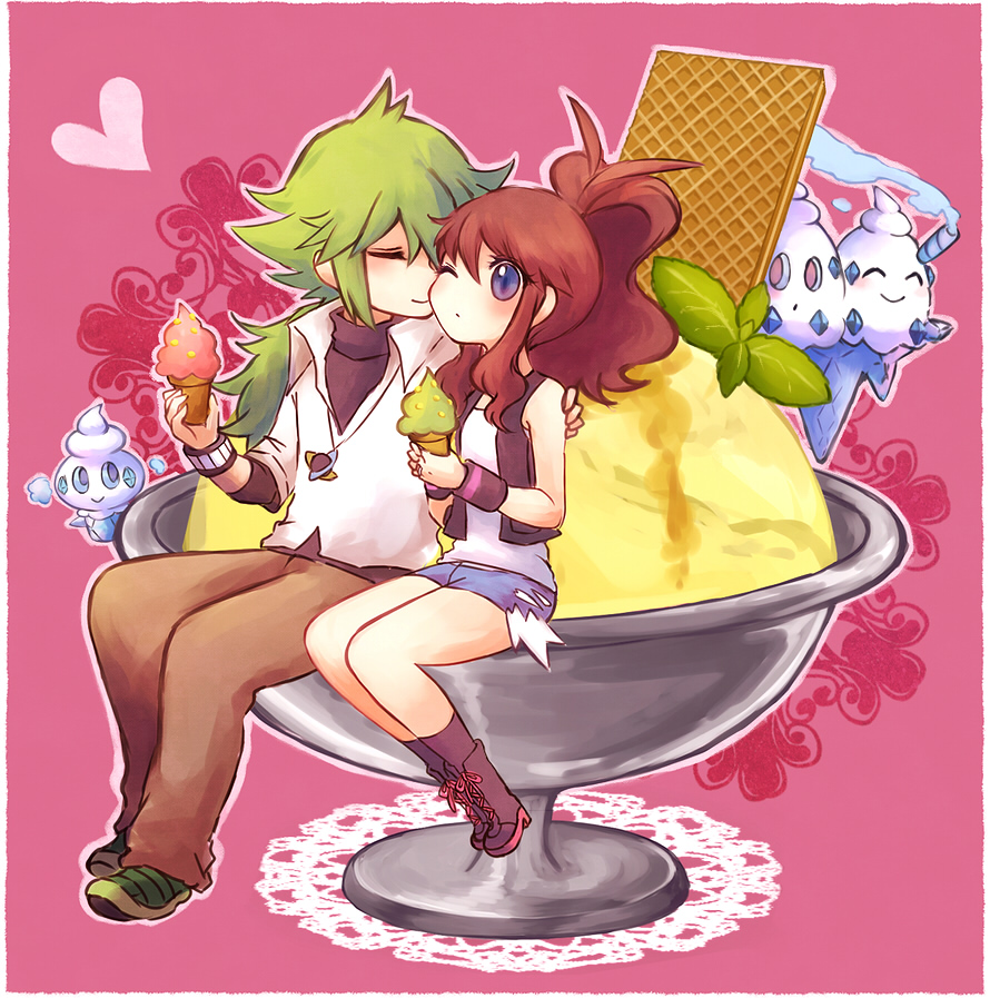 1boy, 1girl, couple, food, ice_cream, kabocha_torute, kiss, n_(pokemon)