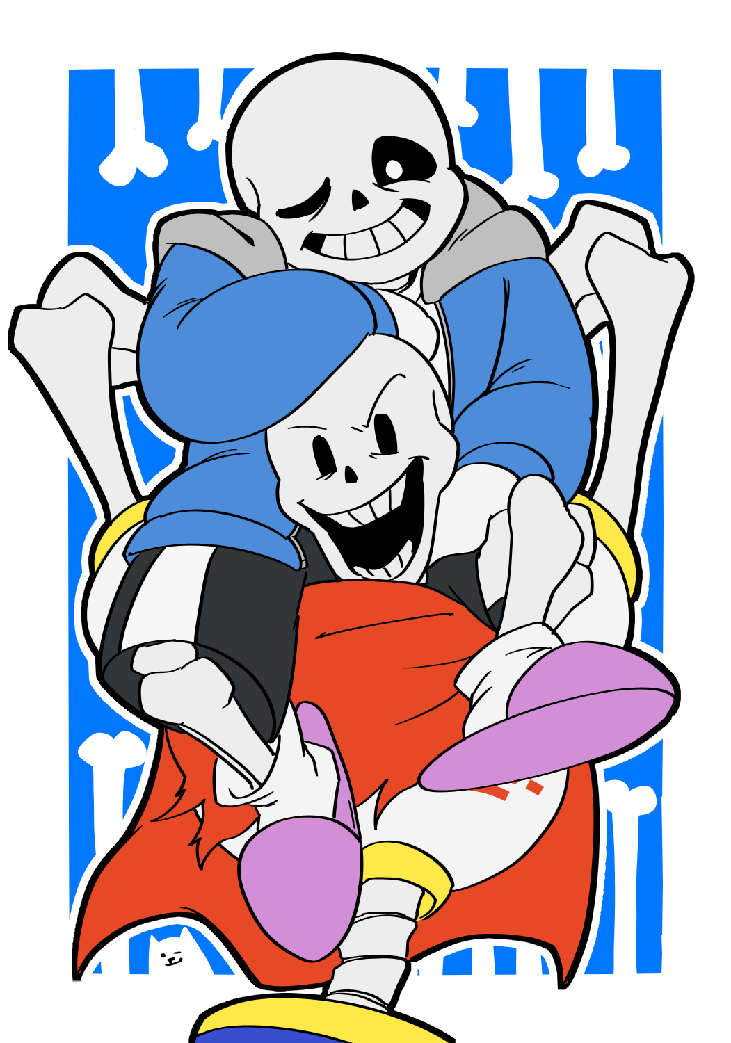 2024, 2boys, 2d, annoying_dog, arm_on_another's_head, arms_behind_head, black_pants, blue_jacket, blue_shorts, bone, border, brothers, cape, digital_media, dog, duo, gloves, hood, hood_down, hooded_jacket, humanoid, jacket, jingai_ss, male, male_focus, male_only, monster, monster_boy, multiple_boys, one_eye_closed, open_mouth, outline, outside_border, pants, papyrus_(undertale), pink_footwear, red_cape, red_gloves, sans_(undertale), shorts, shoulder_carry, siblings, skeleton, slippers, socks, striped_clothes, striped_pants, teeth, undead, undertale, upper_body, utdr_(toby_fox), vertical-striped_clothes, vertical-striped_shorts, white_border, white_outline, white_socks, white_stripes
