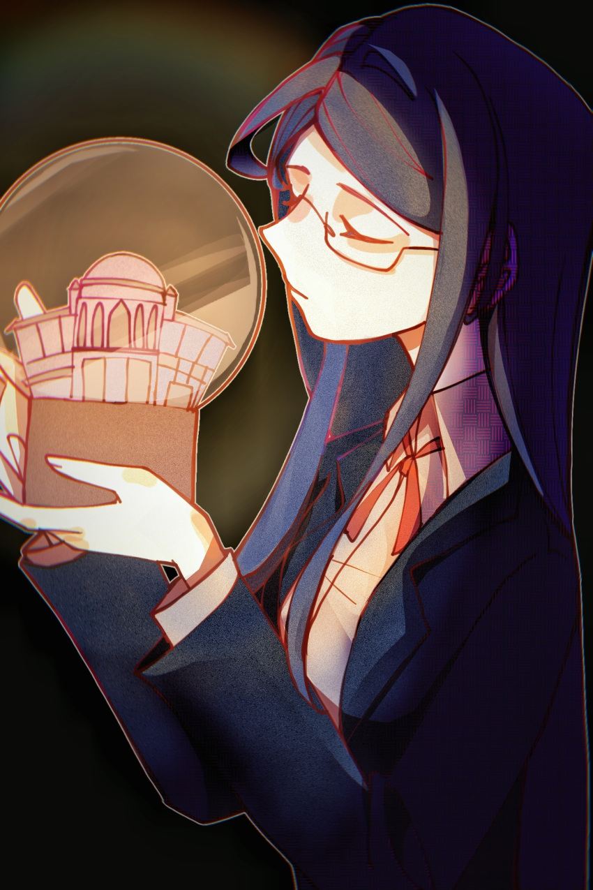 1girl, black_background, blue_hair, blue_jacket, bsyt41, chinese_commentary, closed_eyes, closed_mouth