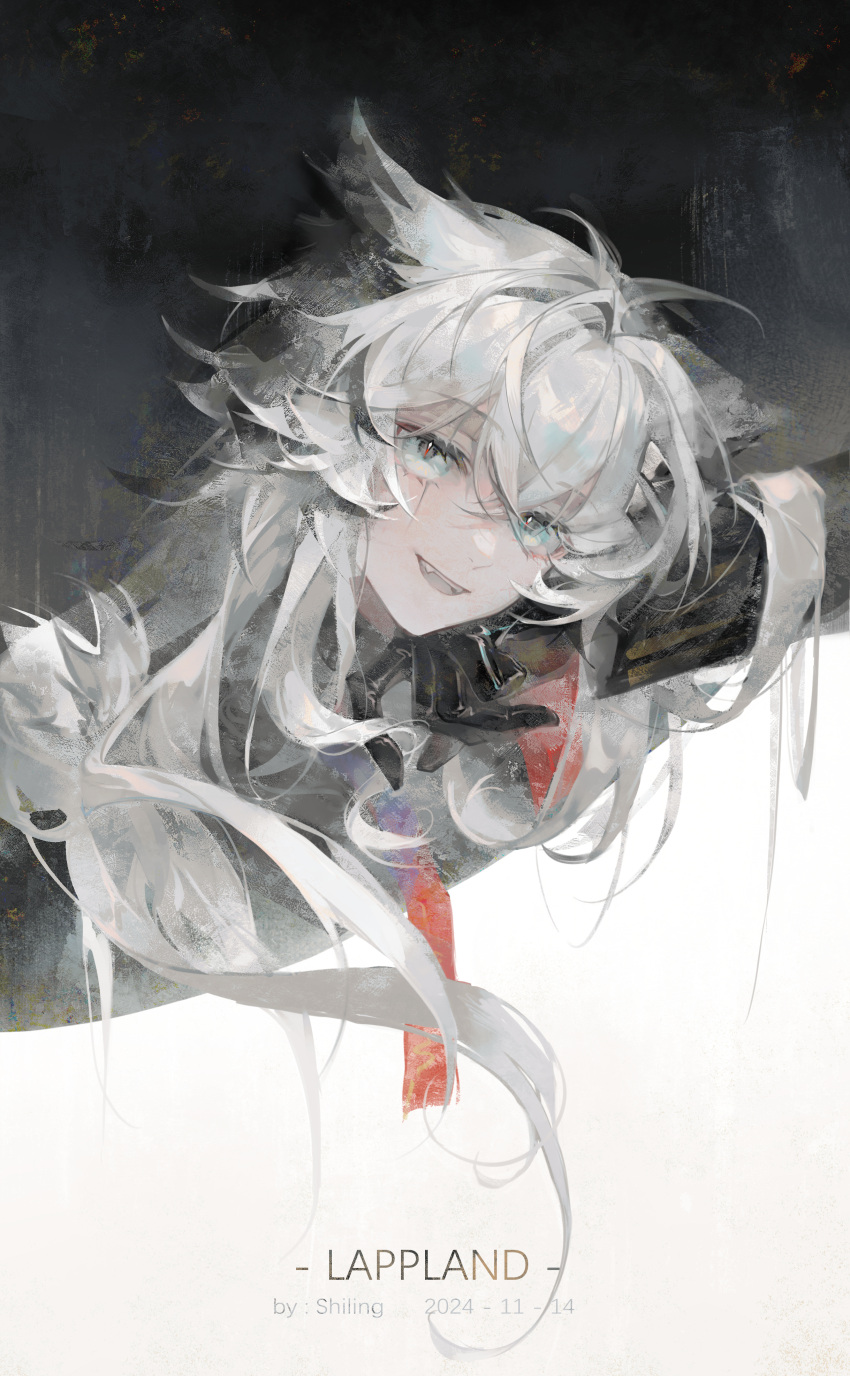 1girl, absurdres, animal_ears, arknights, artist_name, black_gloves, blue_eyes, character_name