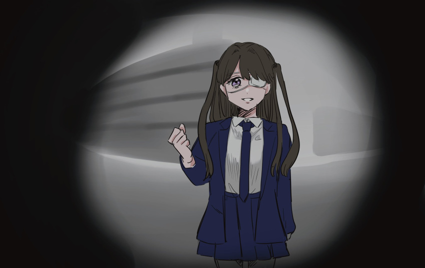 1girl, black_jacket, black_pantyhose, blue_necktie, blue_suit, brown_hair, clenched_teeth, collared_shirt