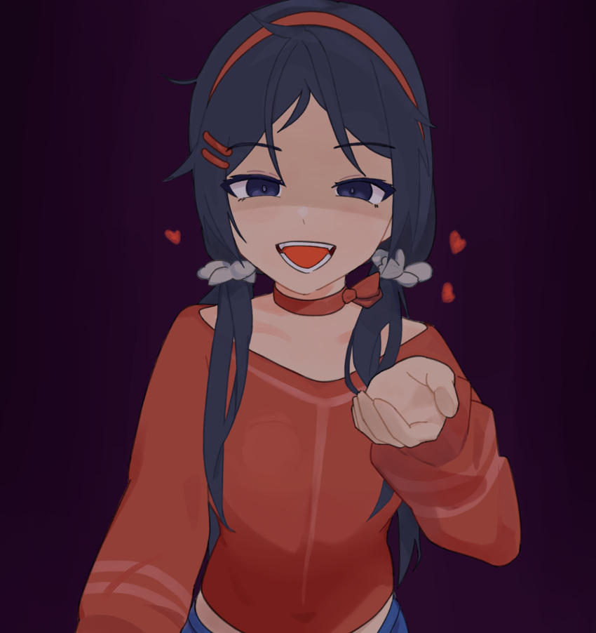 1girl, blue_eyes, blue_hair, commentary, d5y0m, dated_commentary, hair_ornament, hairband, hairclip, heart, highres, long_hair, long_sleeves, looking_at_viewer, low_twintails, miside, mita_(miside), open_mouth, purple_background, red_hairband, red_sweater, shaded_face, simple_background, smile, solo, sweater, twintails, upper_body, yandere