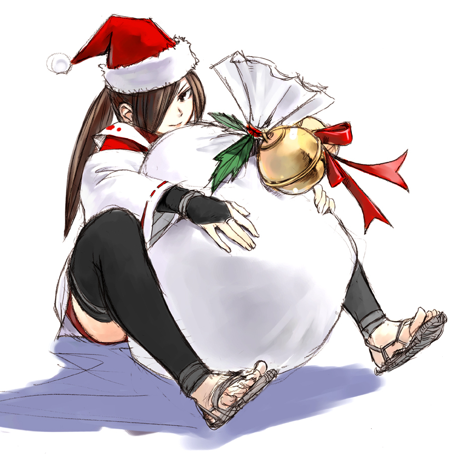 1girl, black_thighhighs, brown_eyes, brown_hair, christmas, closed_mouth, full_body, hair_over_one_eye