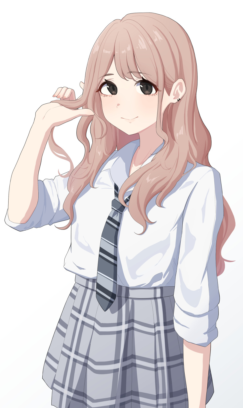 1girl, absurdres, baksangmin, brown_eyes, brown_hair, collared_shirt, commentary_request, ear_piercing