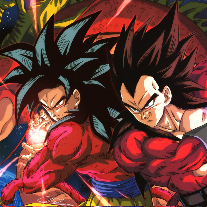 2boys, biceps, black_hair, blue_sash, body_fur, catdestroyer, close-up, dougi