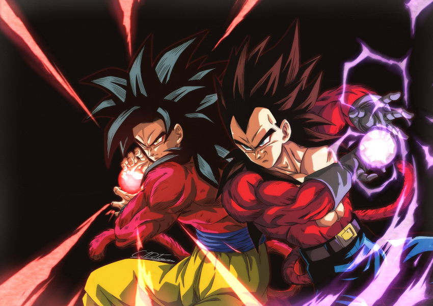2boys, biceps, black_hair, blue_sash, body_fur, catdestroyer, dougi, dragon_ball