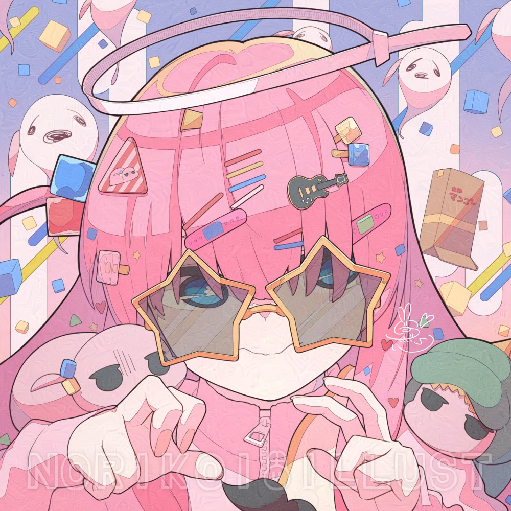 1girl, bandaid, blue_eyes, bocchi_the_rock!, confetti, cube_hair_ornament, gotoh_hitori, gotoh_hitori_(octopus)