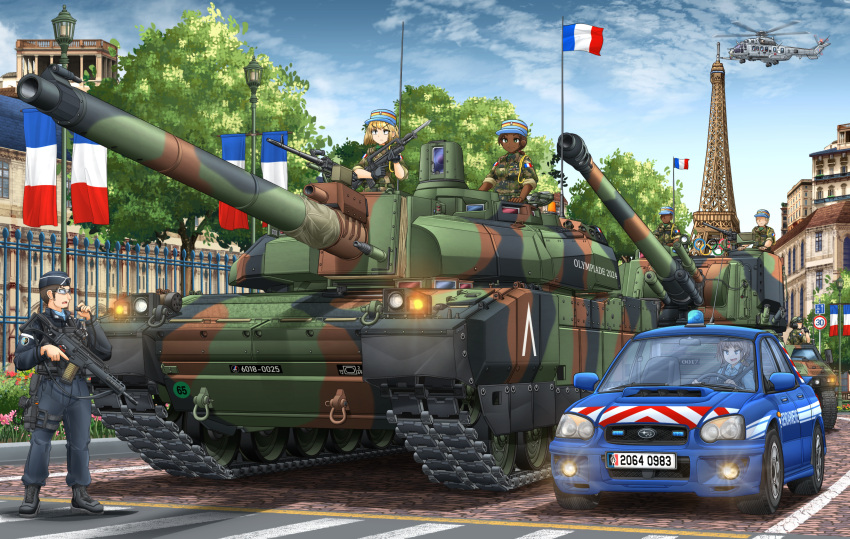 3girls, 4boys, absurdres, aircraft, amx-30, amx-30_auf1, armored_vehicle, black_footwear