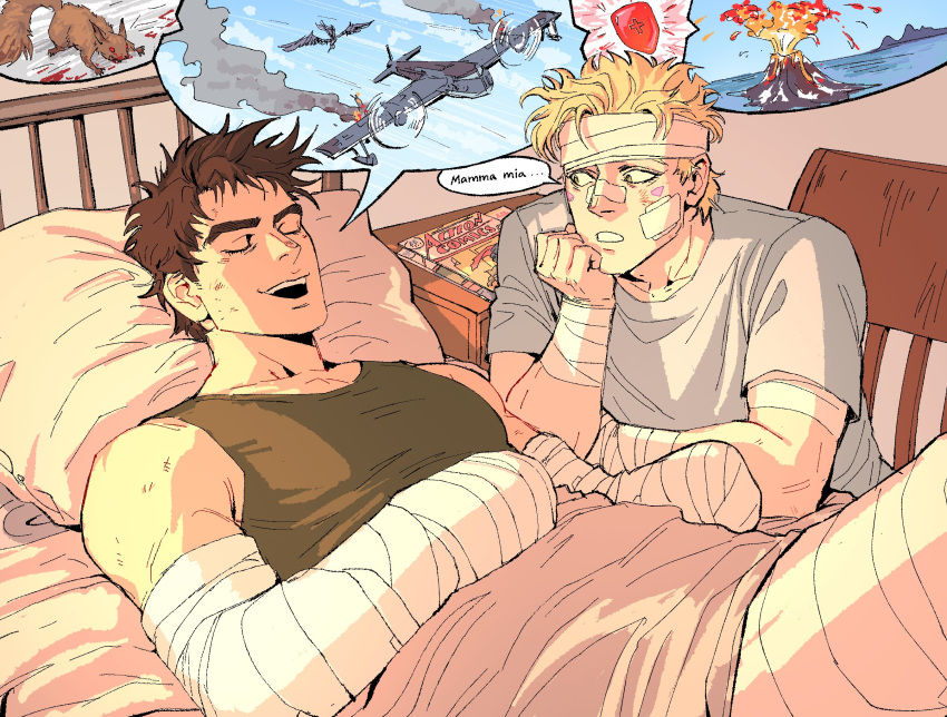 2boys, action_comics, aircraft, airplane, bandaged_arm, bandaged_head, bandages, battle_tendency, blonde_hair, brown_hair, caesar_anthonio_zeppeli, cast, chair, closed_eyes, donlemefo, facial_mark, fighter_jet, highres, italian_text, jojo_no_kimyou_na_bouken, joseph_joestar, joseph_joestar_(young), looking_at_another, male_focus, military_vehicle, multiple_boys, open_mouth, parted_lips, pillow, shirt, short_hair, speech_bubble, spoken_scene, squirrel, tank_top, under_covers, volcano, white_shirt