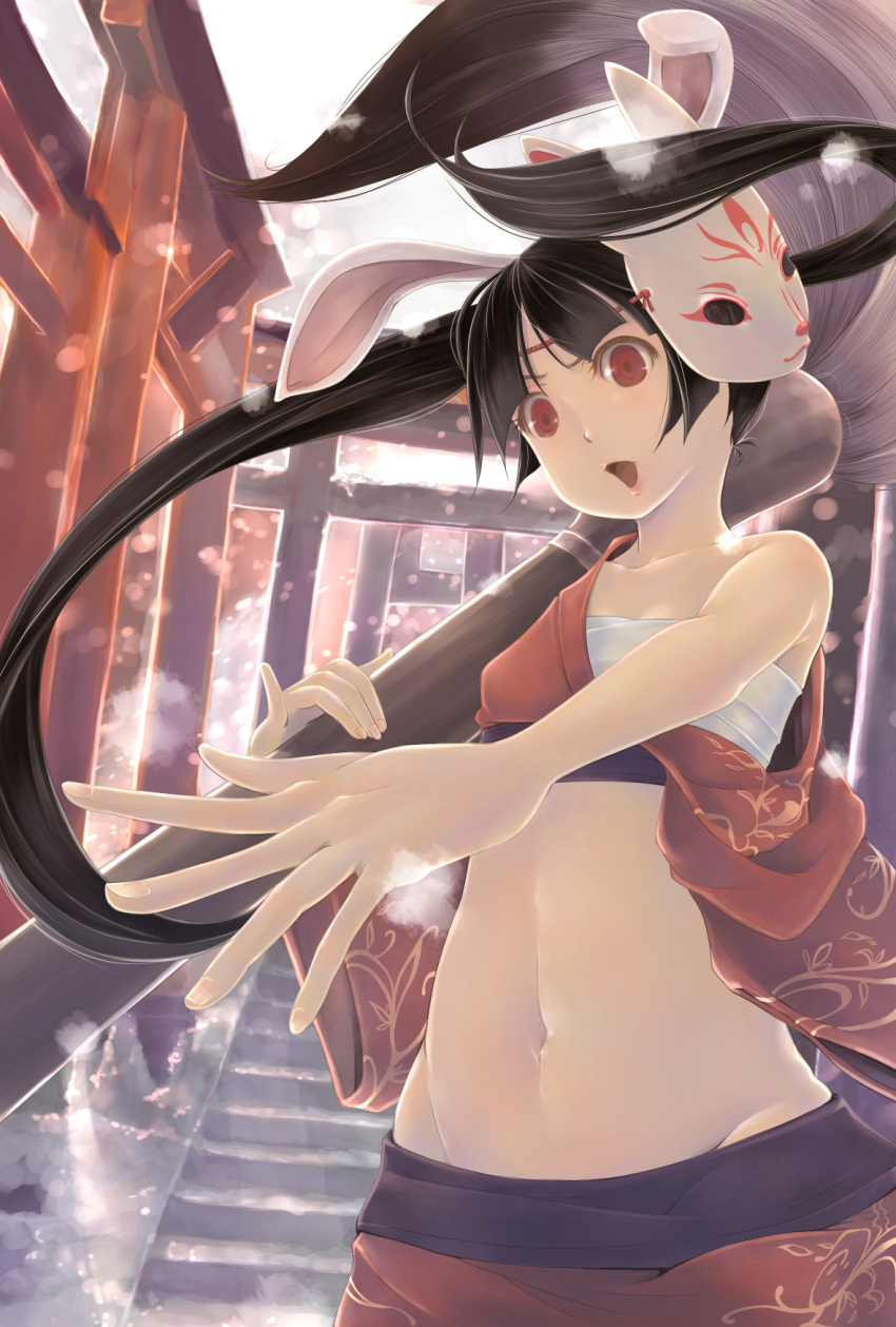animal_ears, bandages, brush, bunny_ears, calligraphy_brush, fox_mask, giant_brush, haku_(sinsifuku2)
