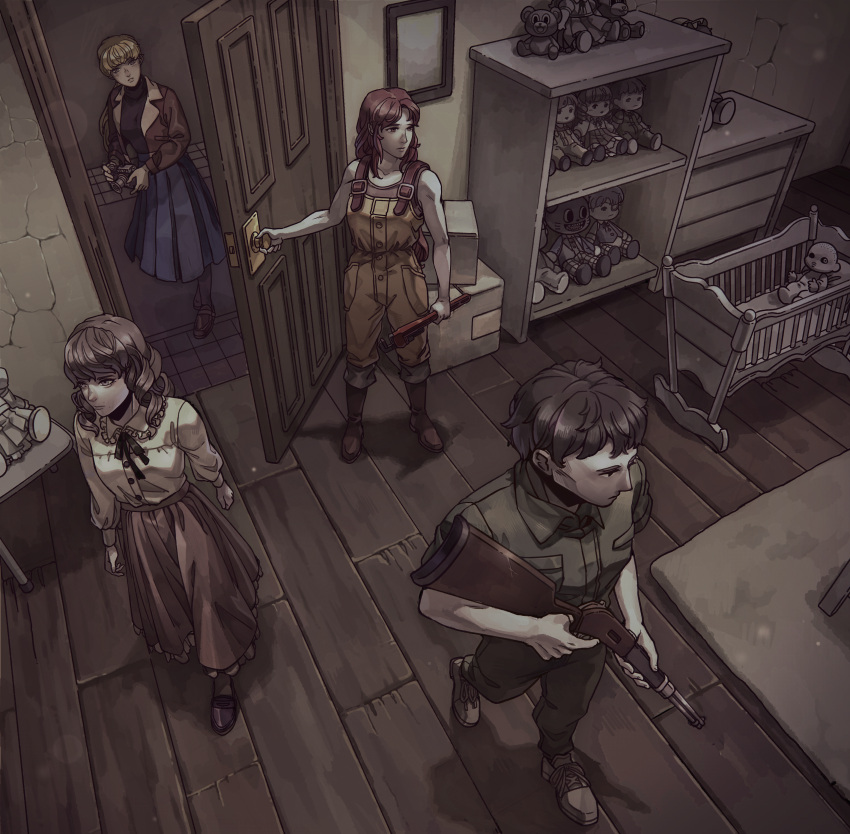 1boy, 3girls, abella_(fear_&amp;_hunger), absurdres, black_hair, black_ribbon, black_shirt, blonde_hair