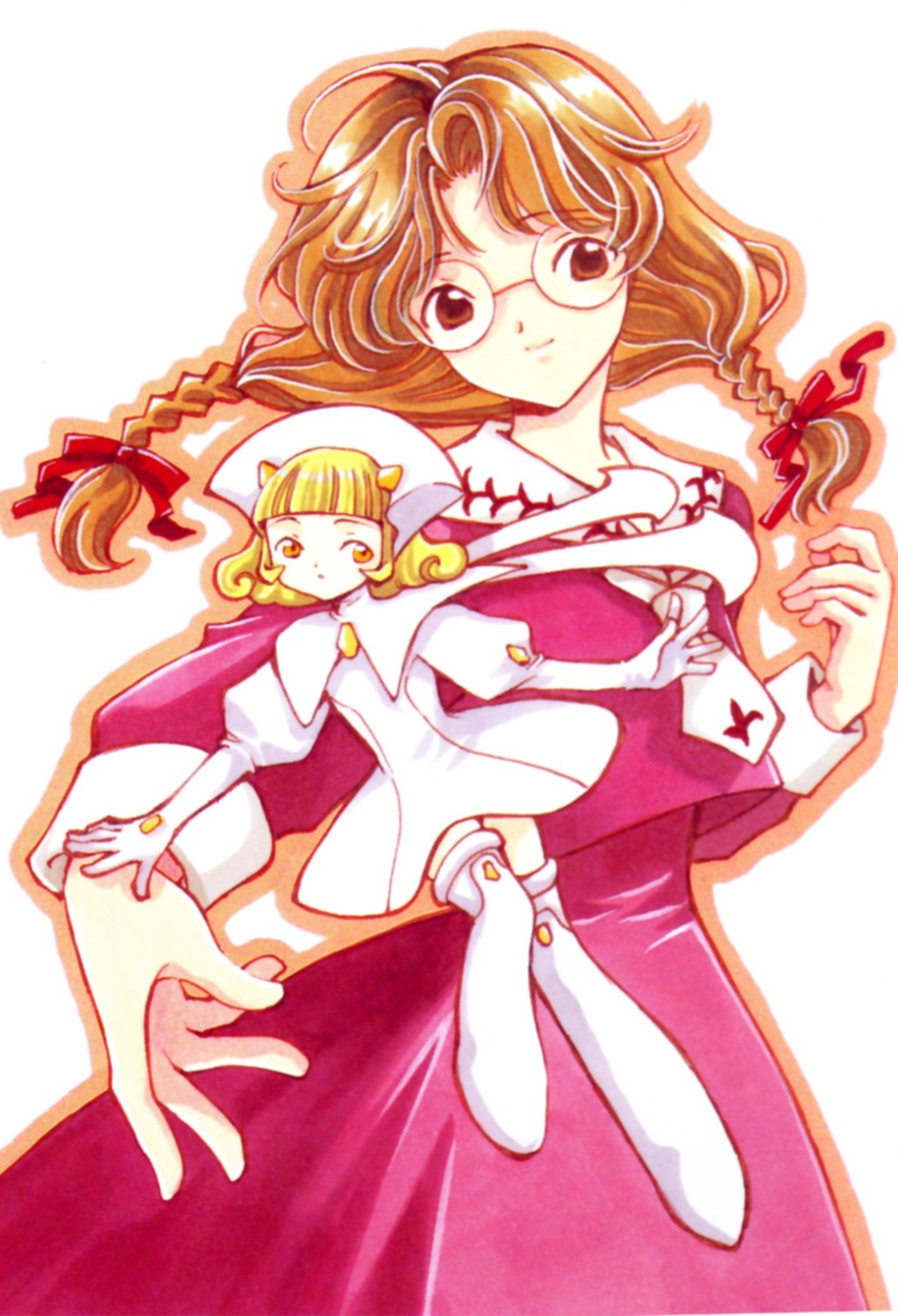 2girls, angelic_layer, ascot, blanche_(angelic_layer), blonde_hair, boots, braid, brown_hair