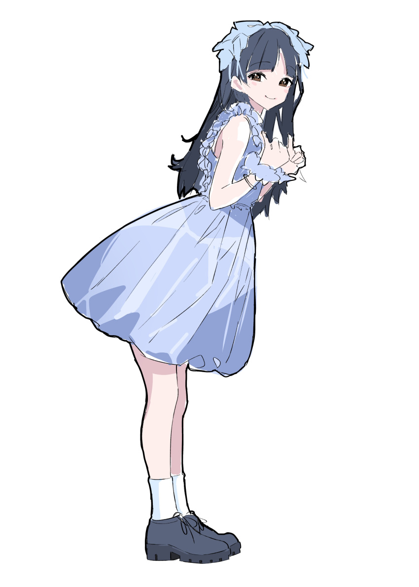 1girl, absurdres, animification, black_footwear, black_hair, blue_dress, blush, closed_mouth
