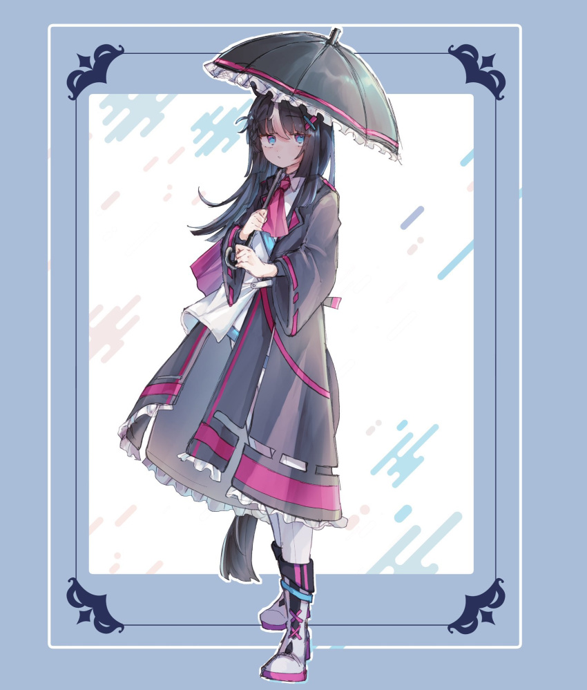 1girl, animal_ears, blue_eyes, blunt_bangs, blush, boots, closed_mouth, commentary_request