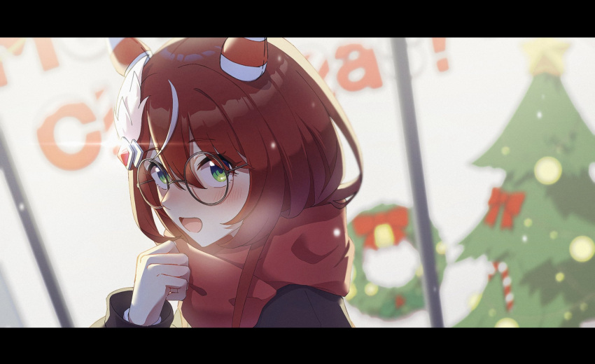 1girl, :d, animal_ears, auklet5580, bespectacled, blurry, blush, christmas_tree