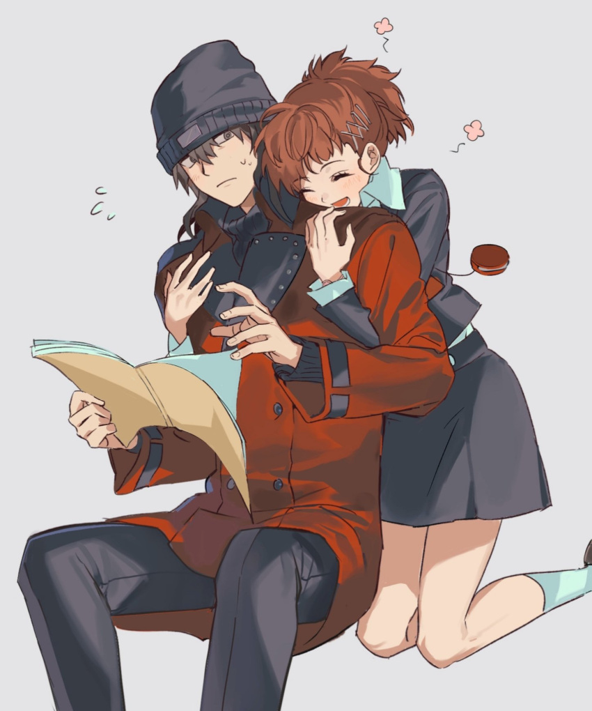 1boy, 1girl, aragaki_shinjirou, beanie, black_hat, black_pants, black_skirt, book, brown_hair, closed_eyes, closed_mouth, coat, flower_(symbol), flying_sweatdrops, gekkoukan_high_school_uniform, grey_background, hair_ornament, hairclip, hat, hetero, highres, holding, holding_book, hug, hug_from_behind, ketaku0404, kneeling, long_sleeves, open_mouth, pants, persona, persona_3, persona_3_portable, red_coat, school_uniform, shiomi_kotone, simple_background, sitting, skirt, socks, sweat, white_socks