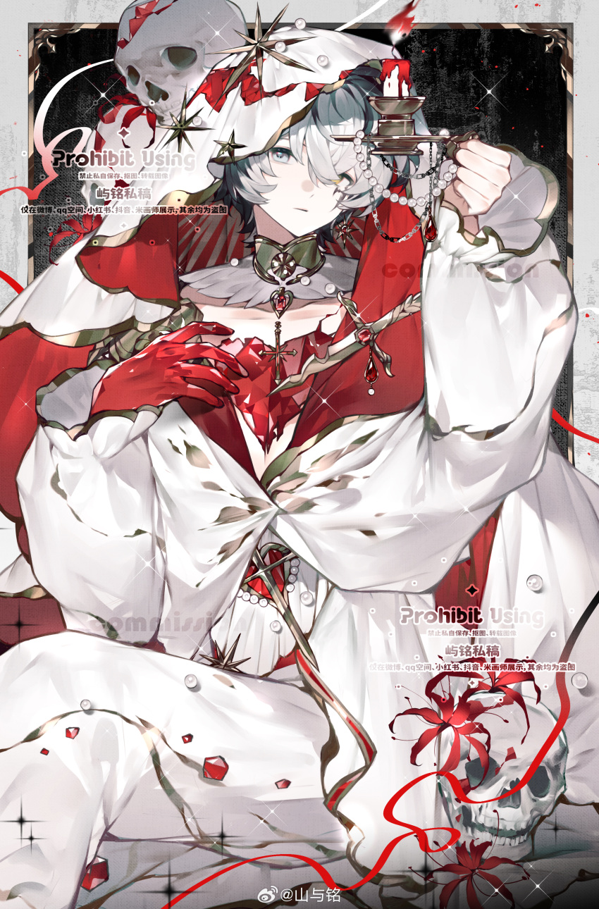 1boy, absurdres, black_background, black_hair, border, borrowed_character, candle, candlestand