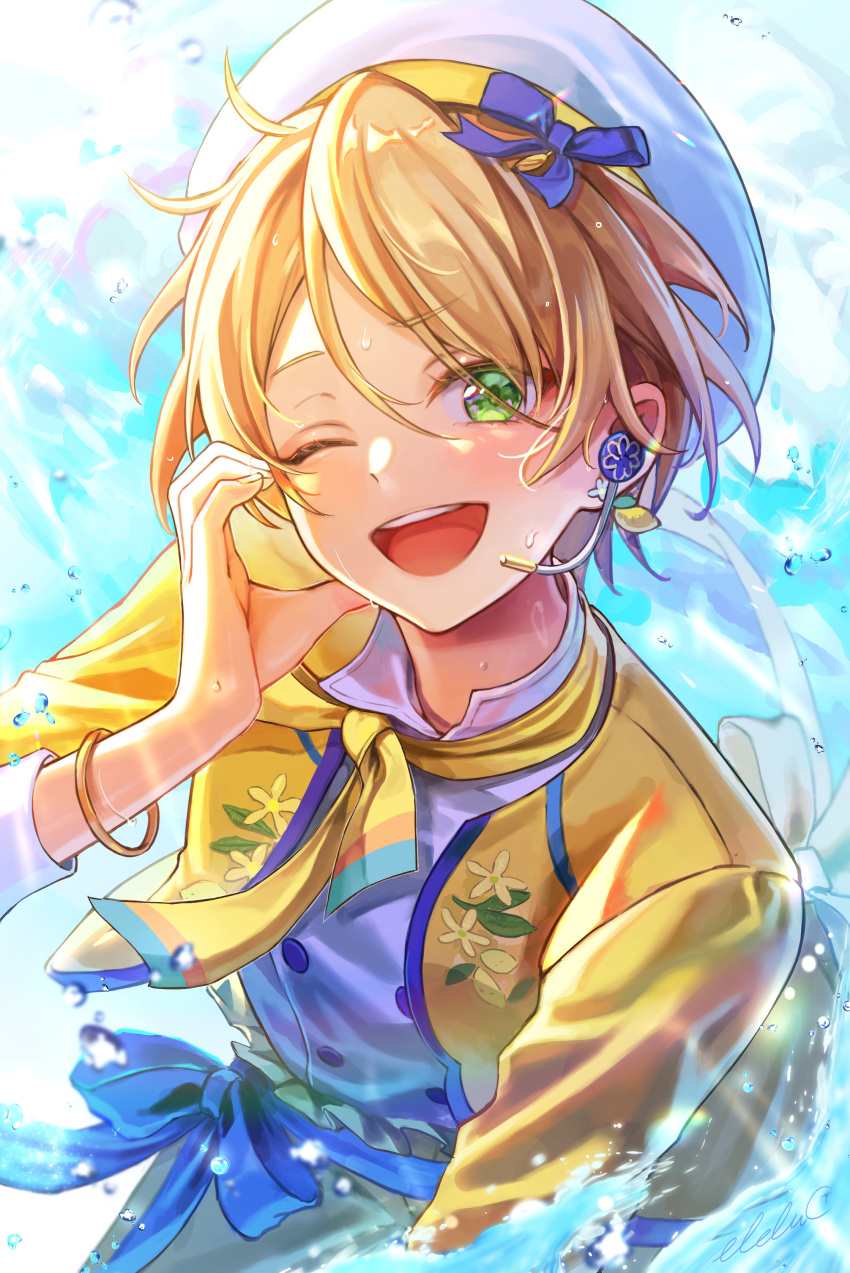 1boy, absurdres, bishounen, blonde_hair, blue_bow, bow, bracelet, buttons