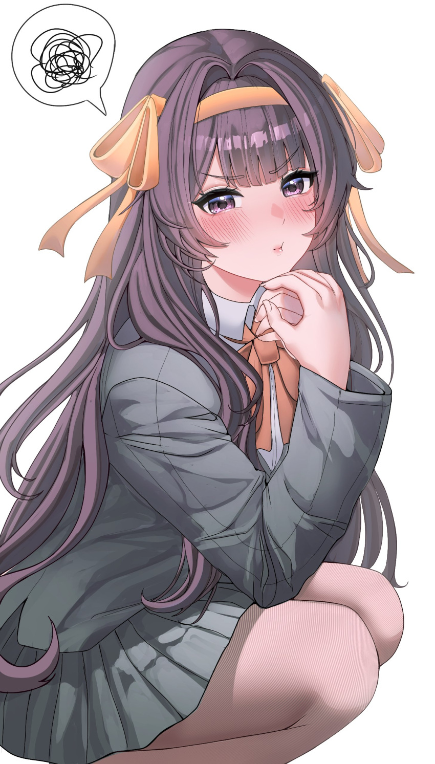 1girl, absurdres, black_skirt, blazer, blush, bow, bowtie, brown_eyes, brown_hair, commentary, english_commentary, hair_intakes, hair_ribbon, hairband, highres, ibbychan, jacket, kouyouen_academy_school_uniform, long_hair, long_sleeves, official_alternate_costume, official_alternate_hair_length, official_alternate_hairstyle, orange_bow, orange_bowtie, ribbon, school_uniform, shirt, simple_background, skirt, solo, spoken_squiggle, squatting, squiggle, suzumiya_haruhi, suzumiya_haruhi_no_shoushitsu, suzumiya_haruhi_no_yuuutsu, thighs, white_background, winter_uniform, yellow_hairband, yellow_ribbon