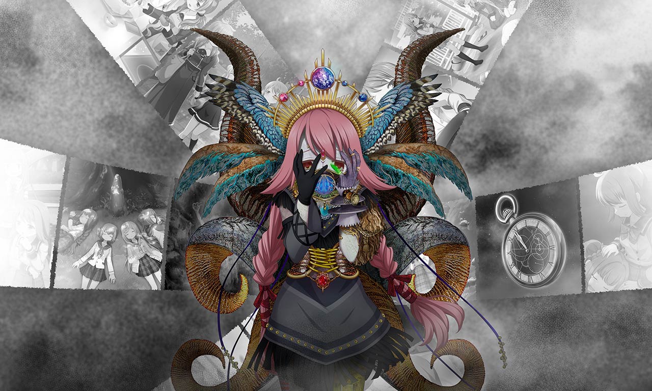 1girl, artist_request, asymmetrical_gloves, black_gloves, blue_wings, braid, brown_corset, brown_eyes