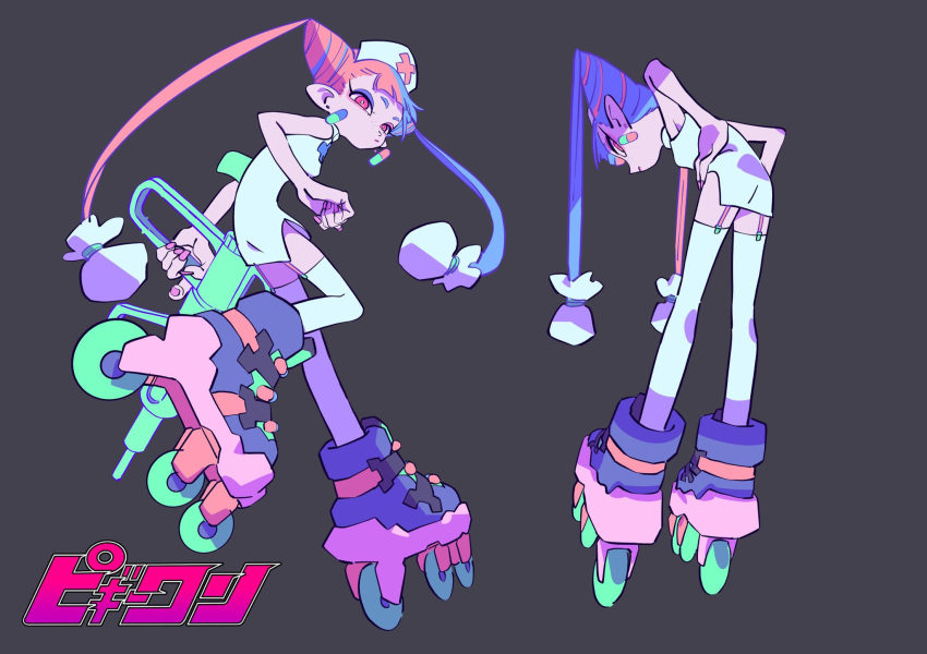 1girl, blue_hair, chuchu_(kung-fu-piggy), copyright_name, dress, earrings, garter_straps, grey_background