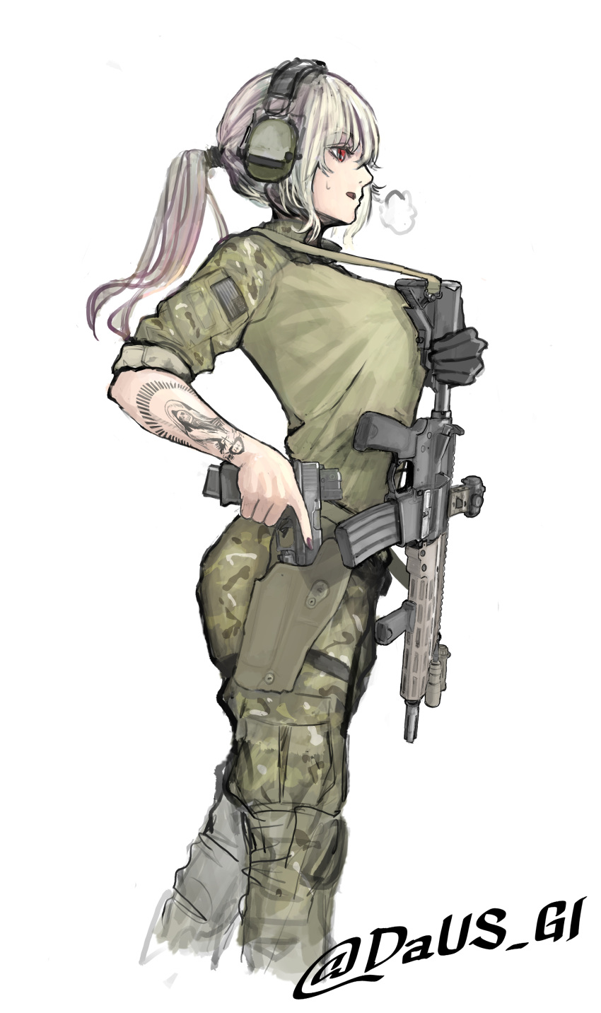1girl, absurdres, american_flag, ar-15, arm_tattoo, assault_rifle, breath, camouflage