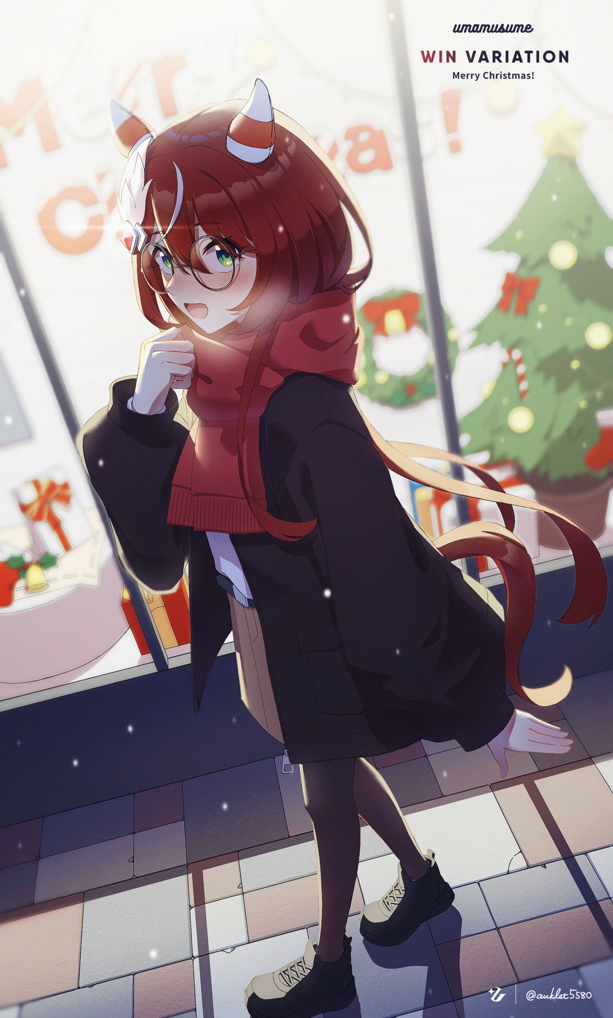 1girl, :d, alternate_costume, animal_ears, auklet5580, bespectacled, black_coat, black_footwear