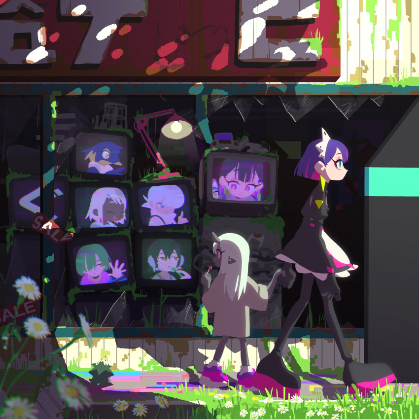 2girls, android, apron, blue_hair, colored_inner_hair, colored_skin, demon_girl, demon_horns