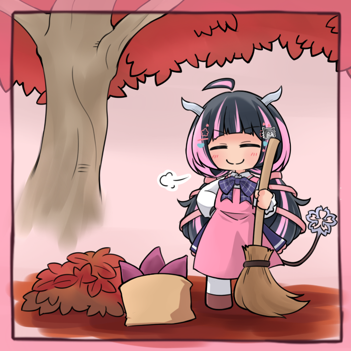 1girl, apron, arched_bangs, autumn, autumn_leaves, black_hair, blunt_bangs, blush