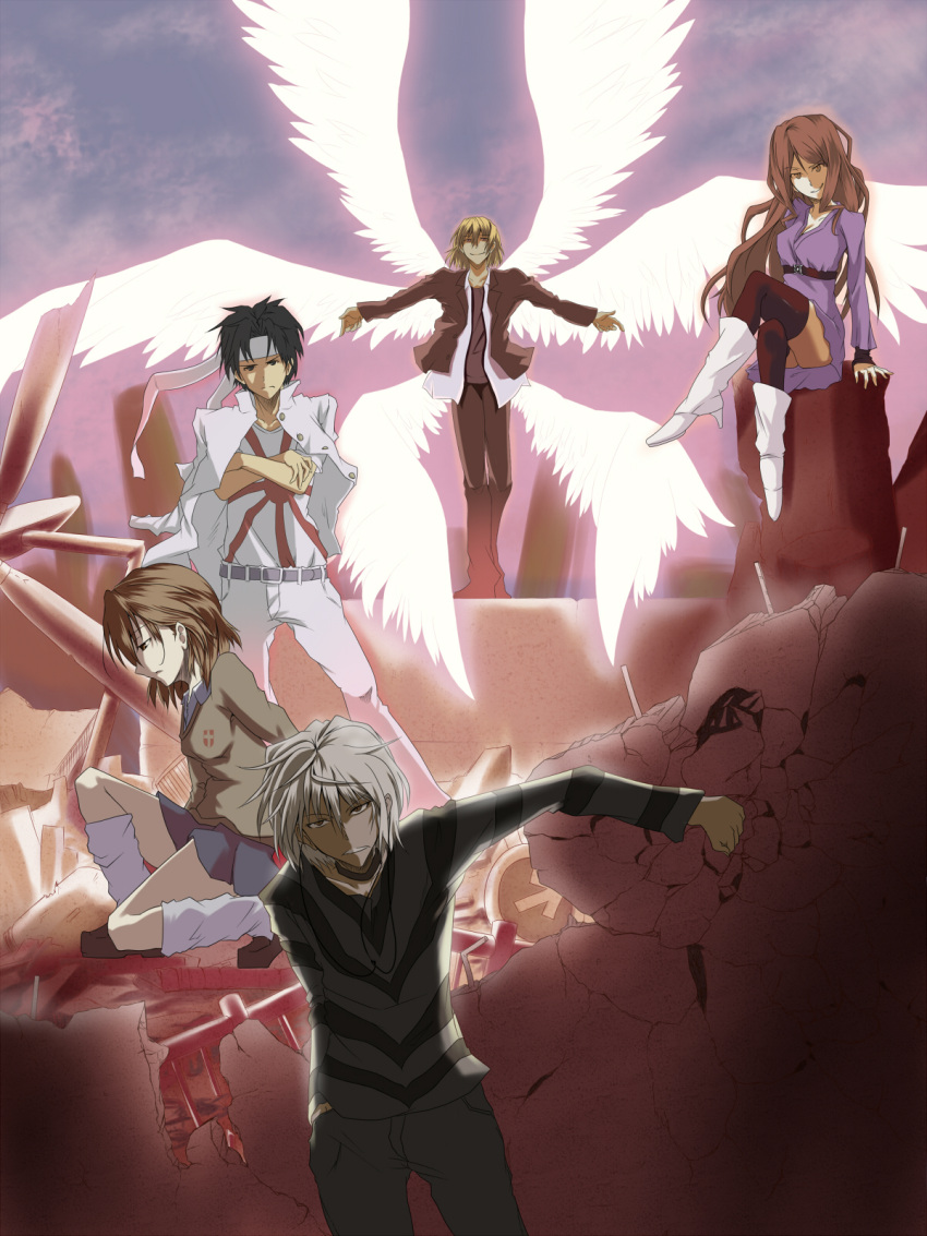 accelerator, black_hair, black_legwear, black_thighhighs, bloody_moon, boots, breasts, brown_eyes, brown_hair, cleavage, crossed_legs, dress, grin, headband, highres, kakine_teitoku, legs_crossed, long_hair, miguno_shizuri, misaka_mikoto, mugino_shizuri, multiple_girls, pleated_skirt, red_eyes, school_uniform, sign, sitting, skirt, smile, sogiita_gunha, thigh-highs, thighhighs, to_aru_majutsu_no_index, white_hair, wings