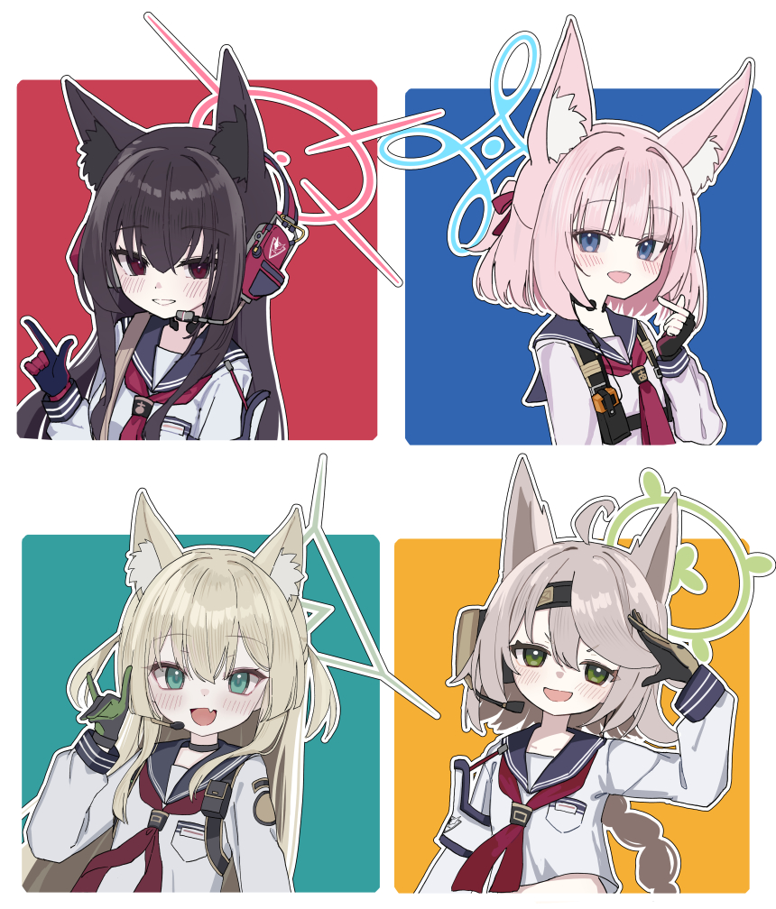 4girls, :d, ahoge, animal_ear_fluff, animal_ears, black_choker, black_gloves, black_hair