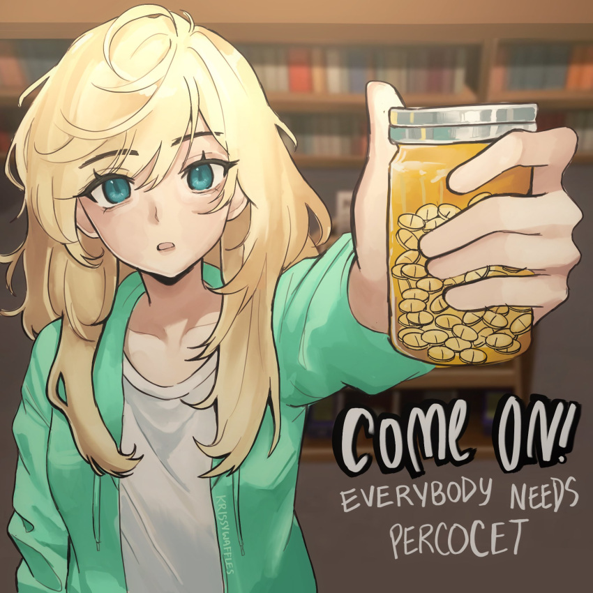 1girl, aqua_eyes, blonde_hair, bottle, class_of_09, emily_(class_of_09), english_commentary, english_text